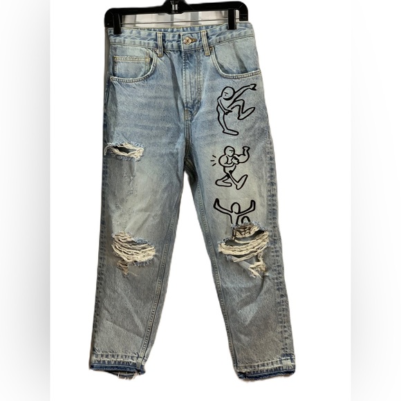 Zara Destroyed Graffitti Jeans 29 Loose Crop Unisex? Mens Womens. - Picture 1 of 11
